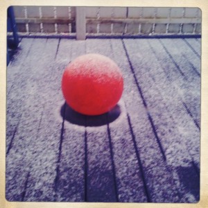 Snöpudrad boll på altanen